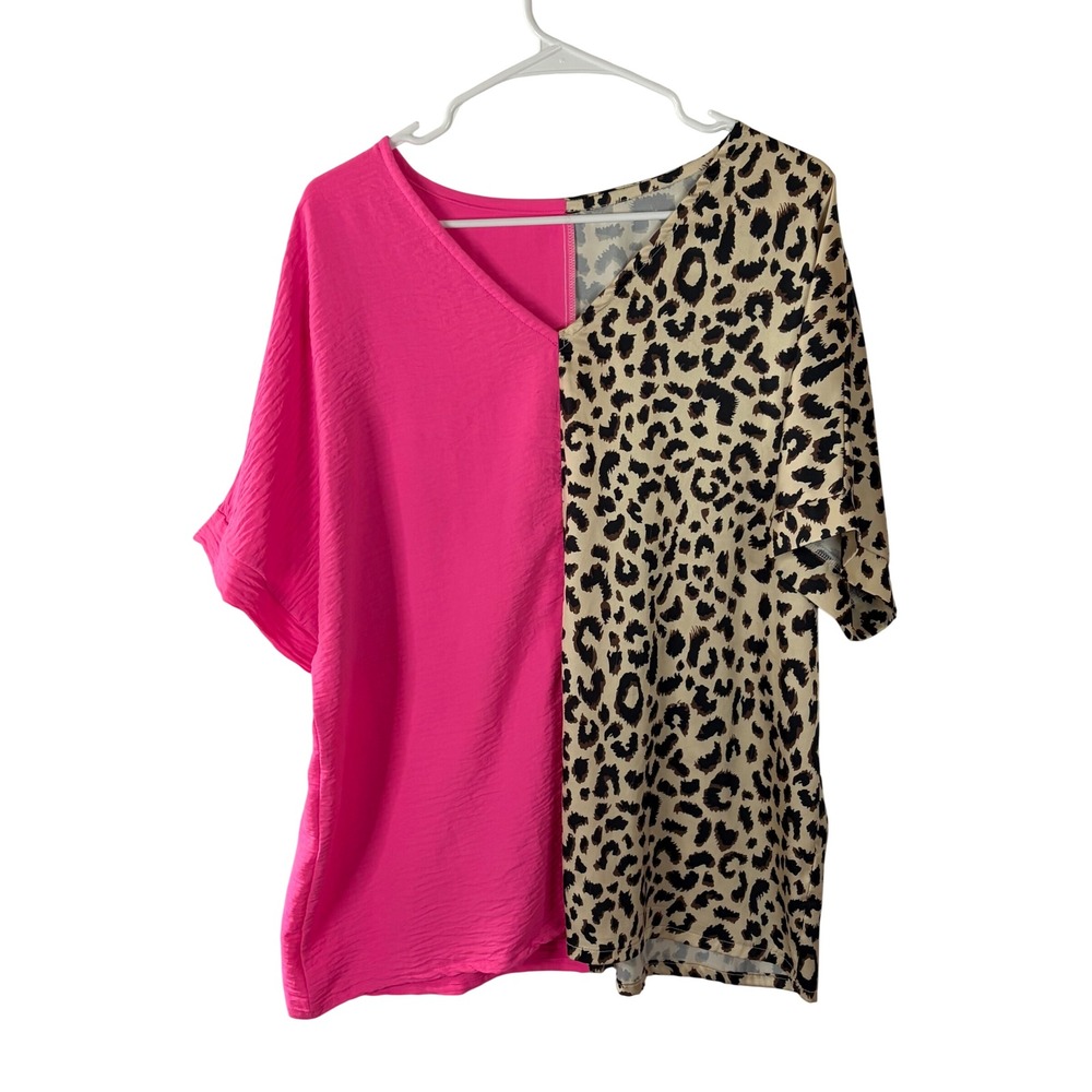 Hot Pink and Leopard Print Split V-Neck Short Sleeve Top XL Animal Print Blouse